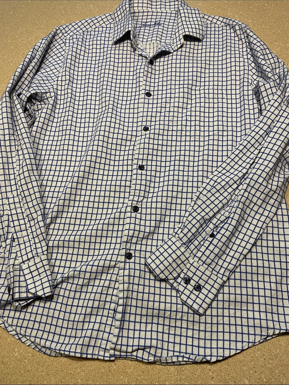 Tasso Elba Men's White Shirt with Blue Windowpane Grid